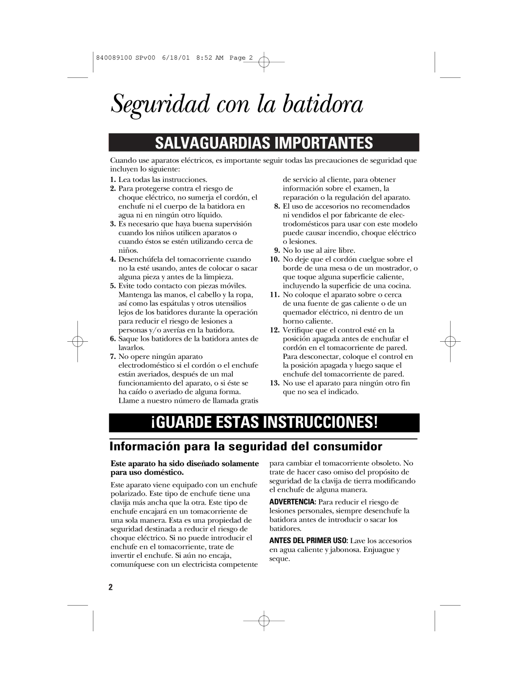 GE 106742 manual Seguridad con la batidora, Información para la seguridad del consumidor 