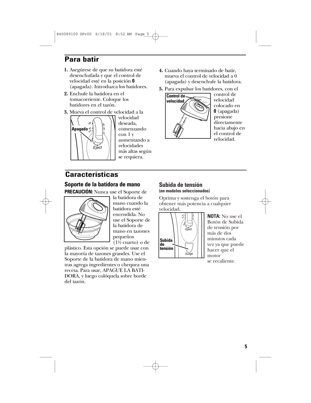 GE 106742 manual Para batir, Características, Soporte de la batidora de mano 