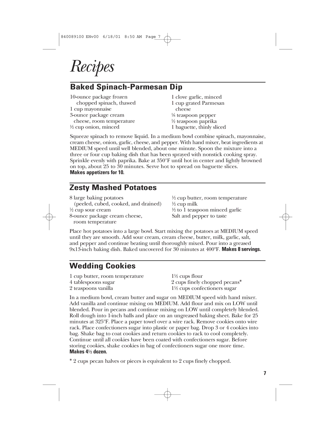 GE 106742 manual Recipes, Baked Spinach-Parmesan Dip, Zesty Mashed Potatoes, Wedding Cookies 