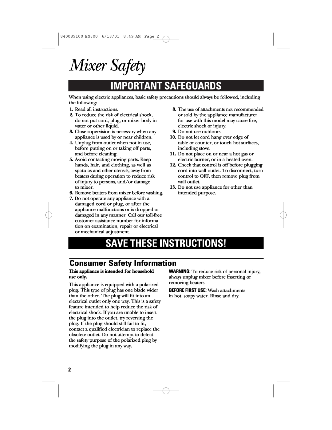 GE 106742 manual Mixer Safety, Important Safeguards, Save These Instructions, Consumer Safety Information 