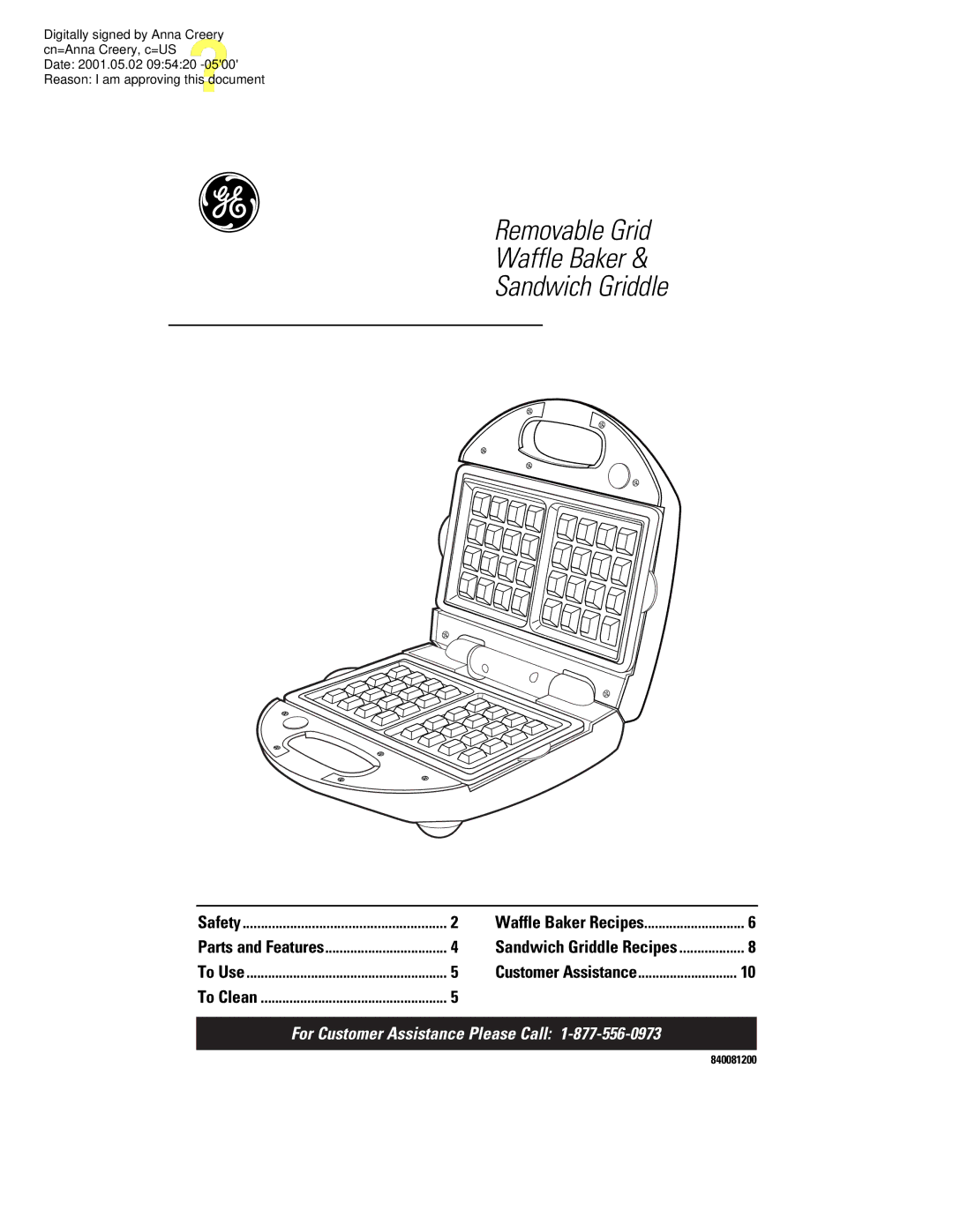 GE 106748 manual Removable Grid Waffle Baker Sandwich Griddle 