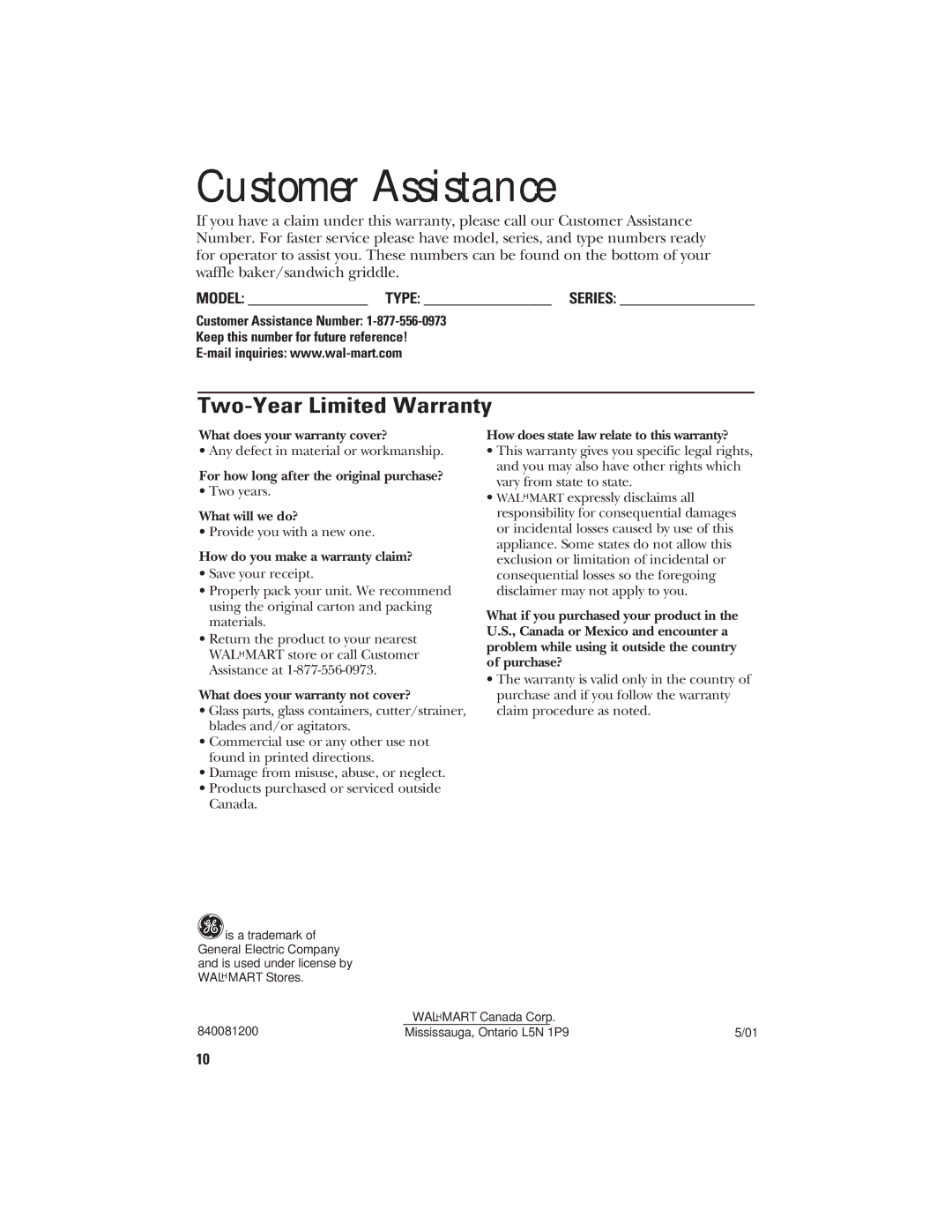 GE 106748 manual Customer Assistance, Two-Year Limited Warranty, Model Type Series 