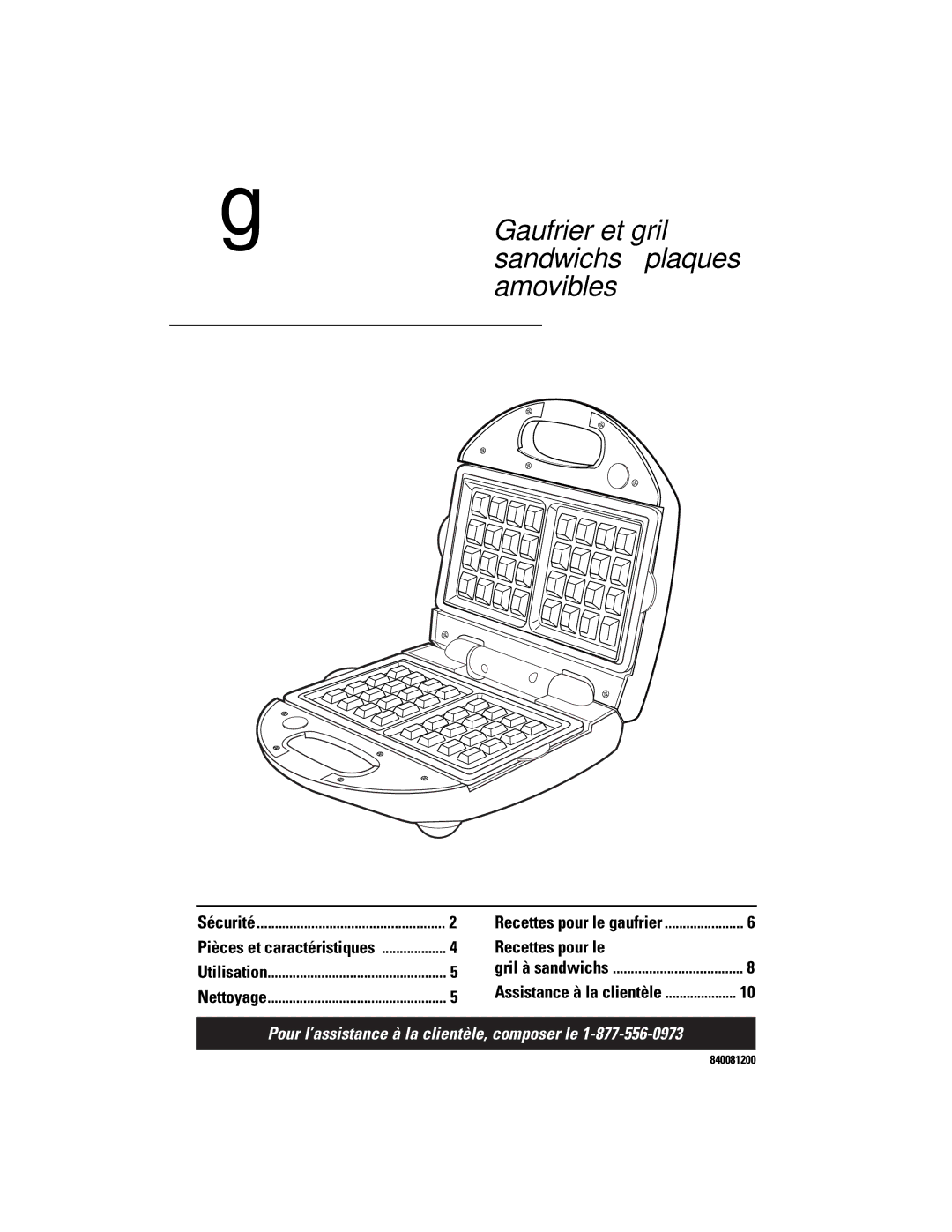 GE 106748 manual Gaufrier et gril à sandwichs à plaques amovibles 