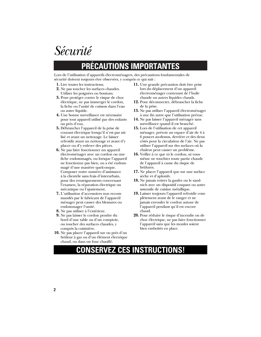 GE 106748 manual Sécurité, Précautions Importantes 