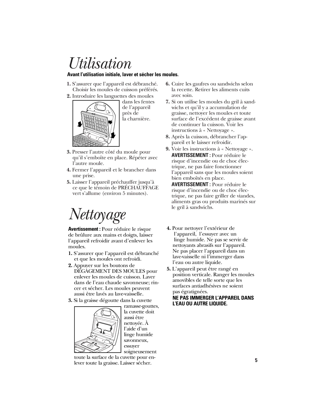 GE 106748 manual Utilisation, Nettoyage, Avant l’utilisation initiale, laver et sécher les moules 