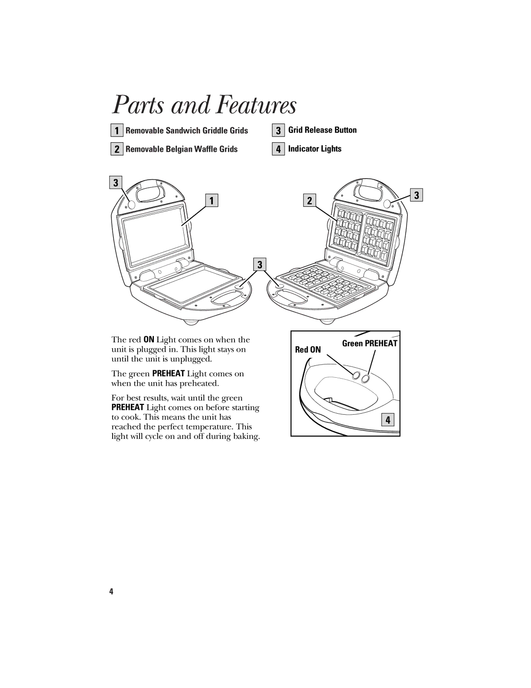 GE 106748 manual Parts and Features, Grid Release Button Indicator Lights, Red on Green Preheat 