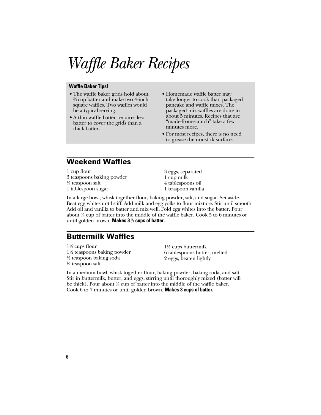 GE 106748 manual Waffle Baker Recipes, Weekend Waffles, Buttermilk Waffles, Waffle Baker Tips 