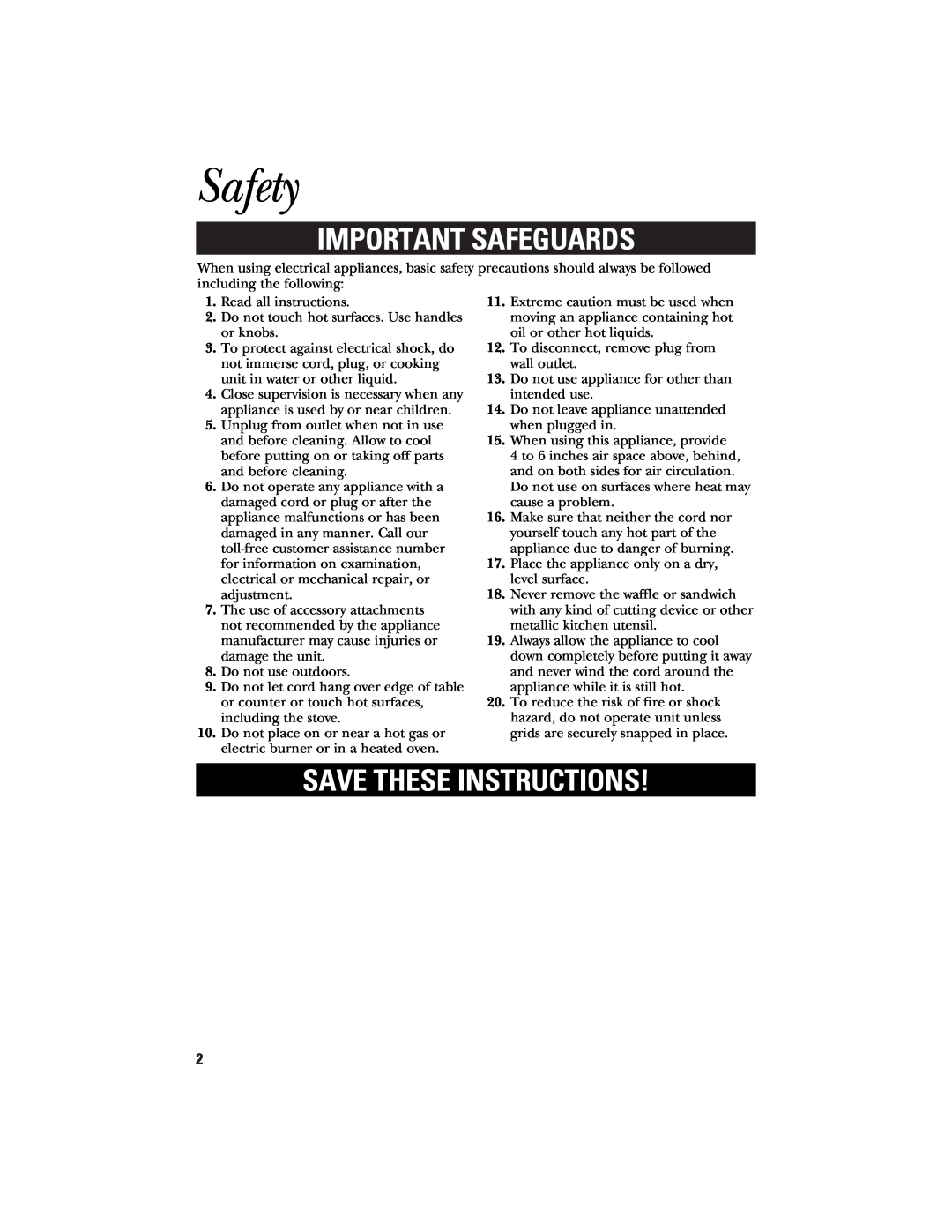 GE 106748 manual Safety, Important Safeguards, Save These Instructions 