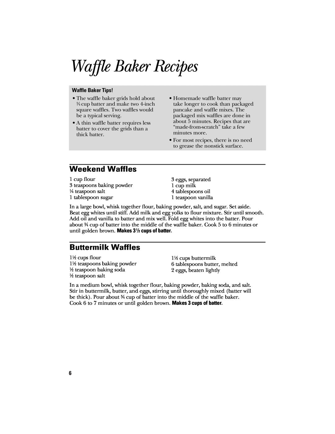 GE 106748 manual Waffle Baker Recipes, Weekend Waffles, Buttermilk Waffles 
