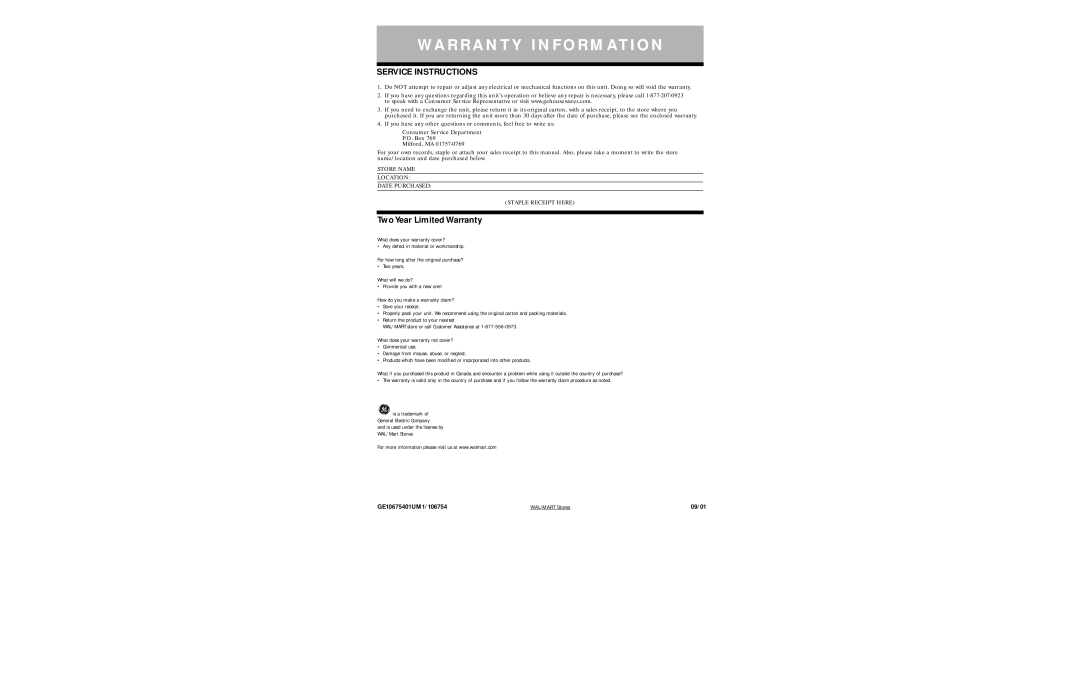 GE 106754 warranty WA R R a N T Y I N F O R M AT I O N, Service Instructions 