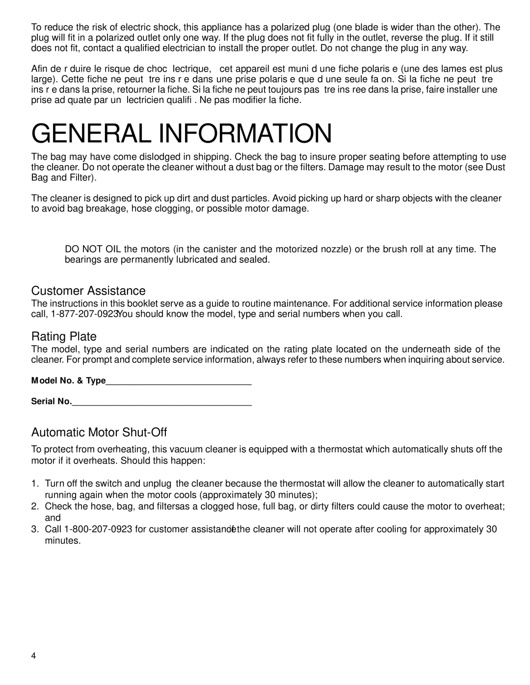 GE 106766, 71937 warranty Customer Assistance, Rating Plate, Automatic Motor Shut-Off 