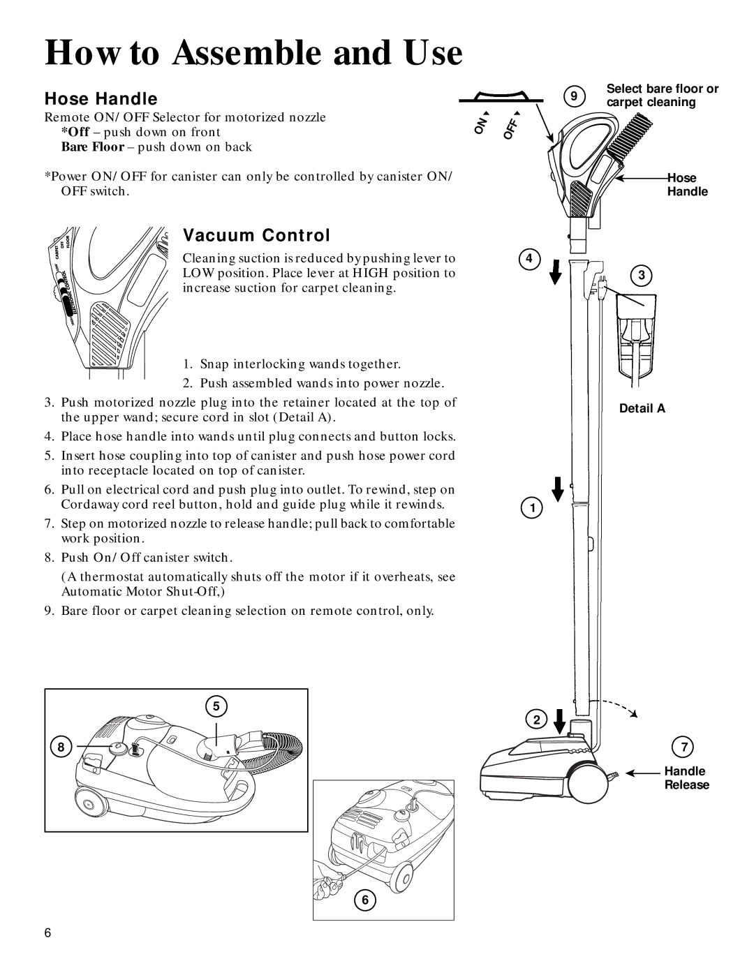 GE 106766, 71937 warranty How to Assemble and Use, Hose Handle, Vacuum Control 