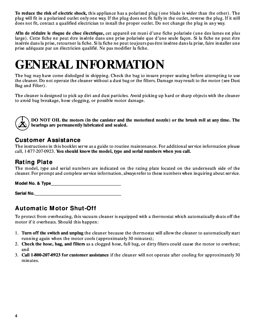 GE 106766, 71937 warranty General Information, Customer Assistance, Rating Plate, Automatic Motor Shut-Off 