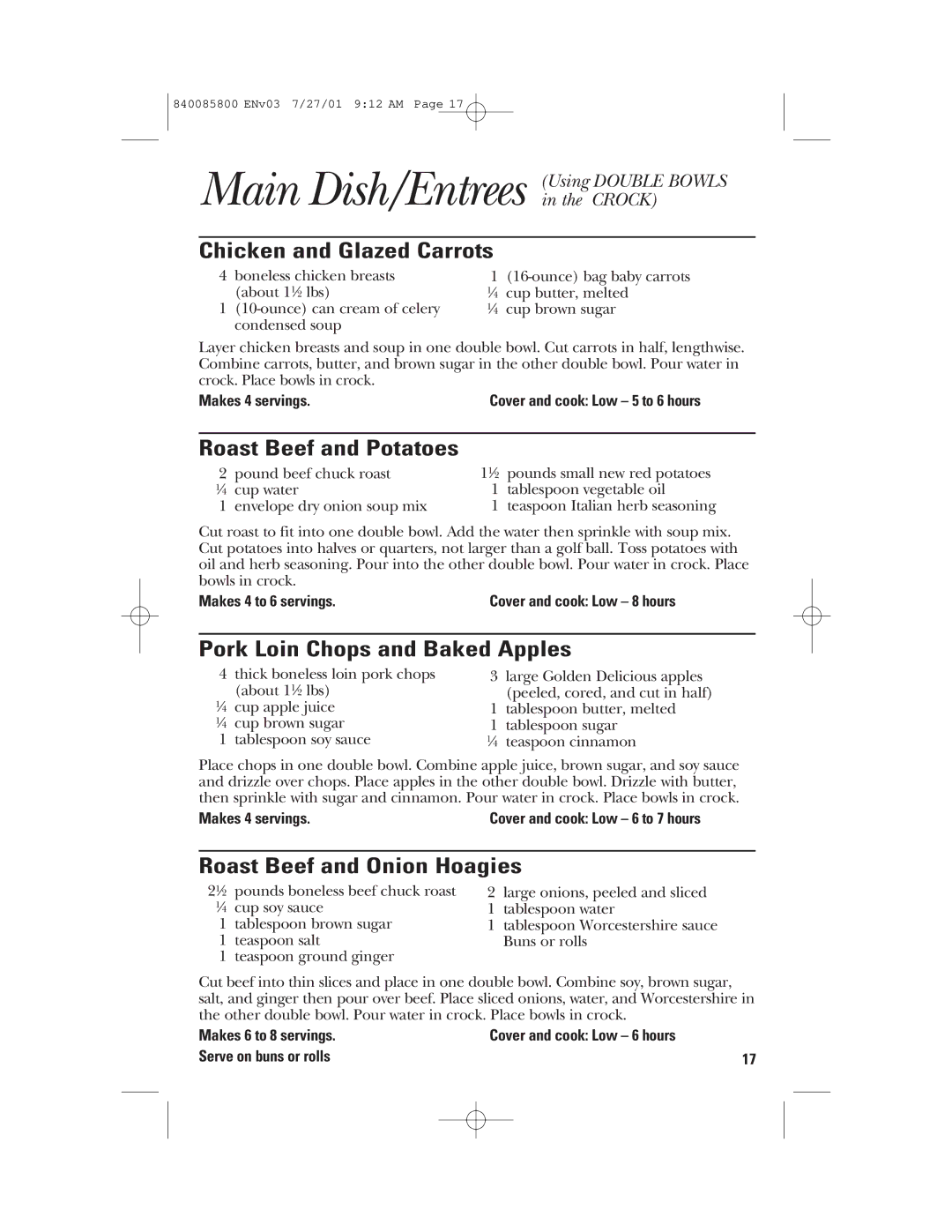 GE 840085800, 106851 manual Chicken and Glazed Carrots, Roast Beef and Potatoes, Pork Loin Chops and Baked Apples 