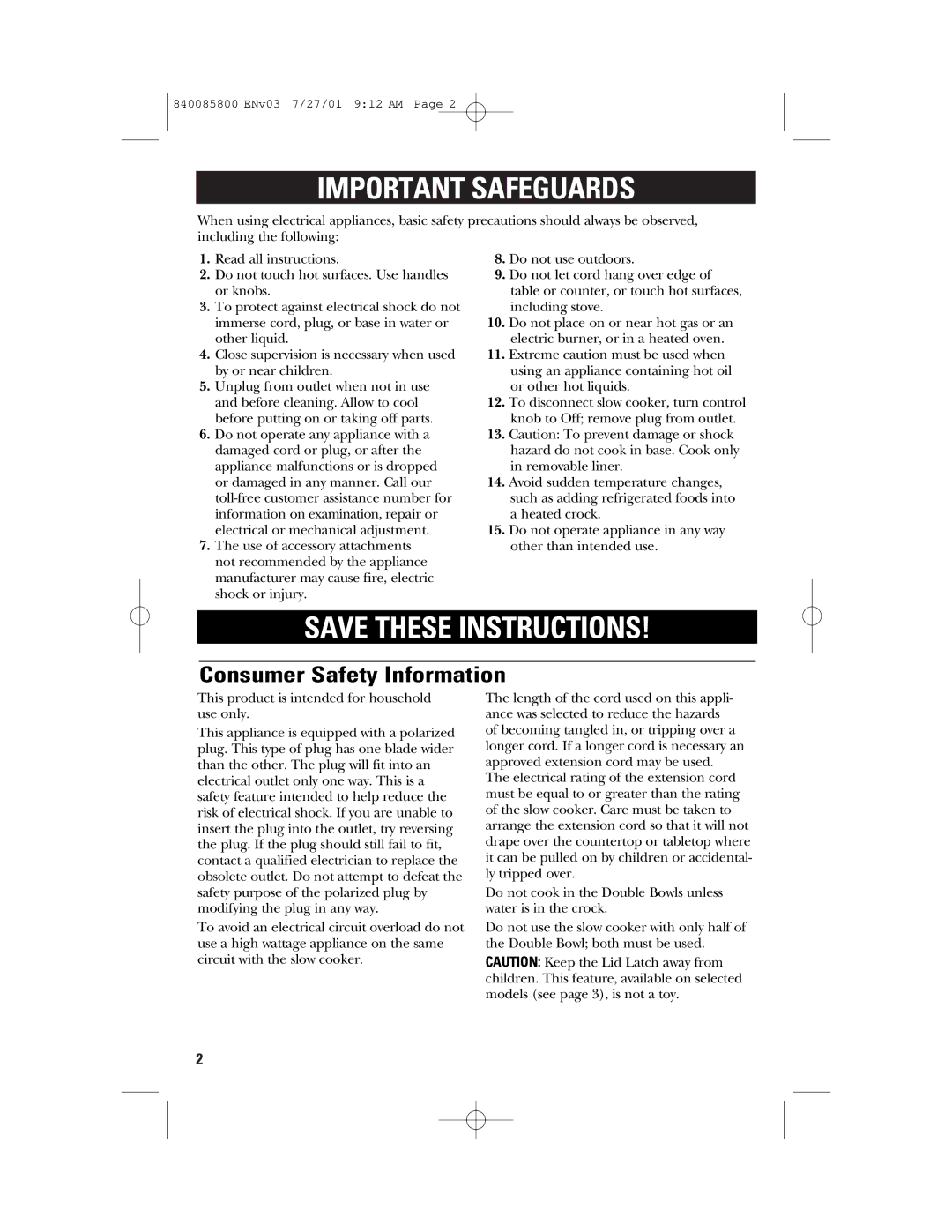 GE 106851, 840085800 manual Important Safeguards, Consumer Safety Information 