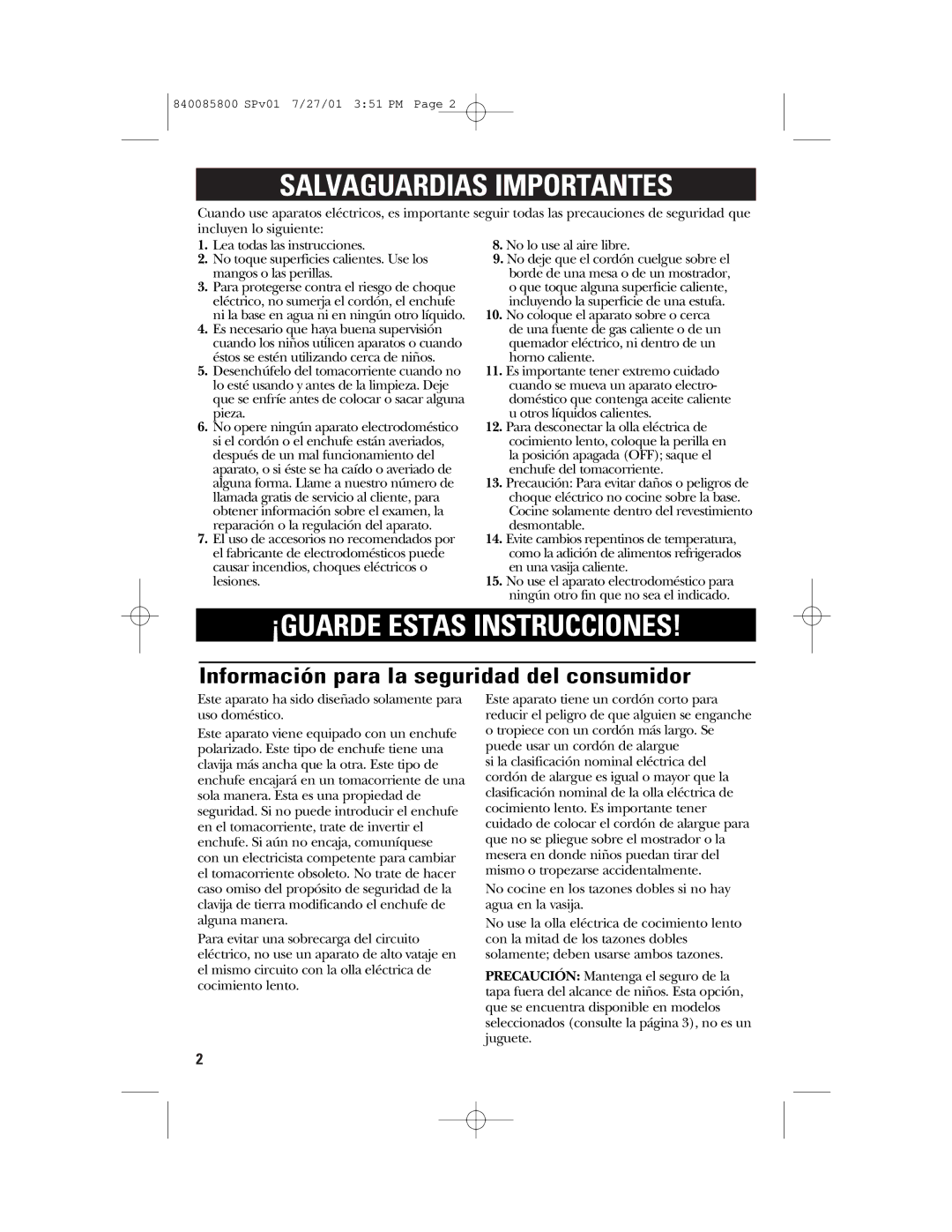 GE 106851, 840085800 manual Salvaguardias Importantes, Información para la seguridad del consumidor 