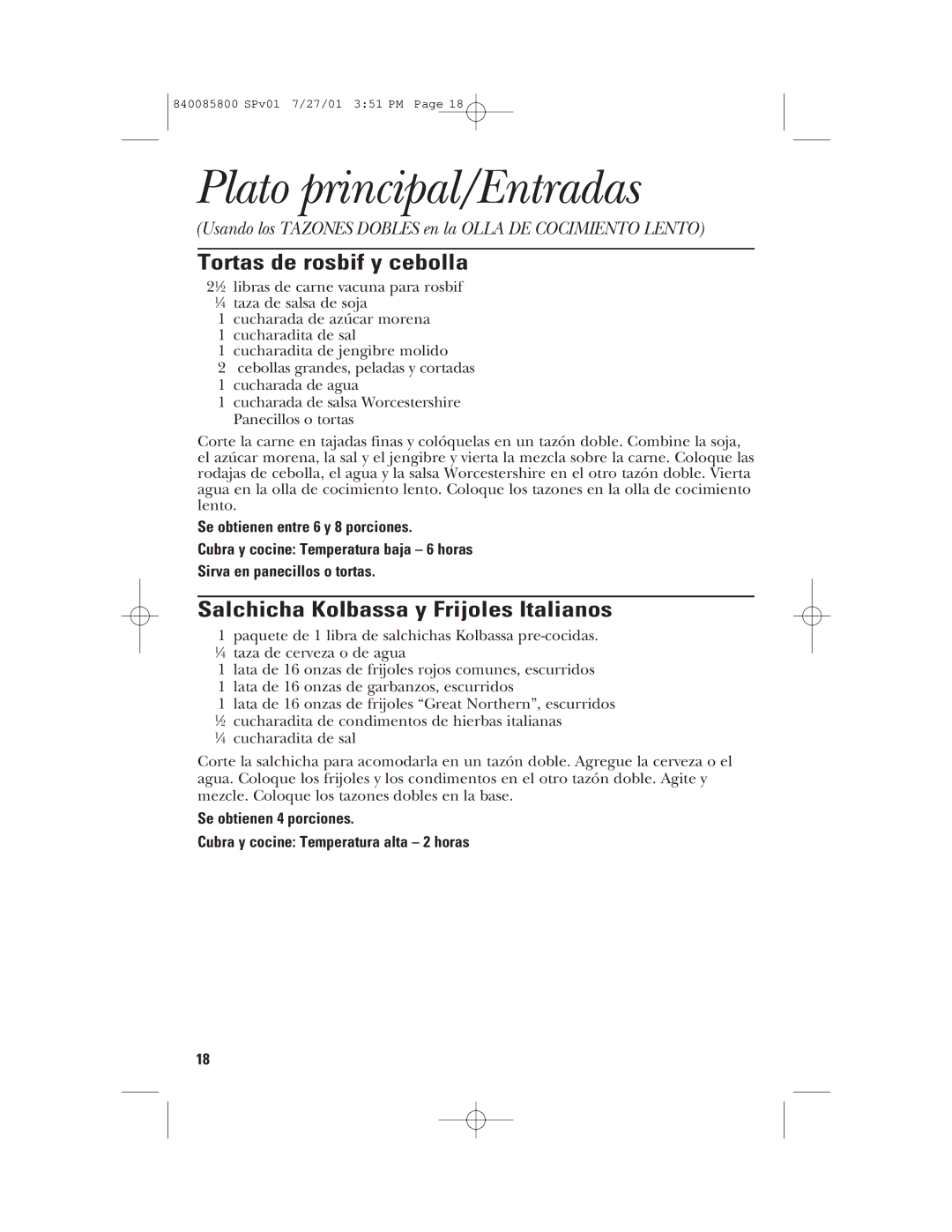 GE 106851, 840085800 manual Tortas de rosbif y cebolla, Salchicha Kolbassa y Frijoles Italianos 