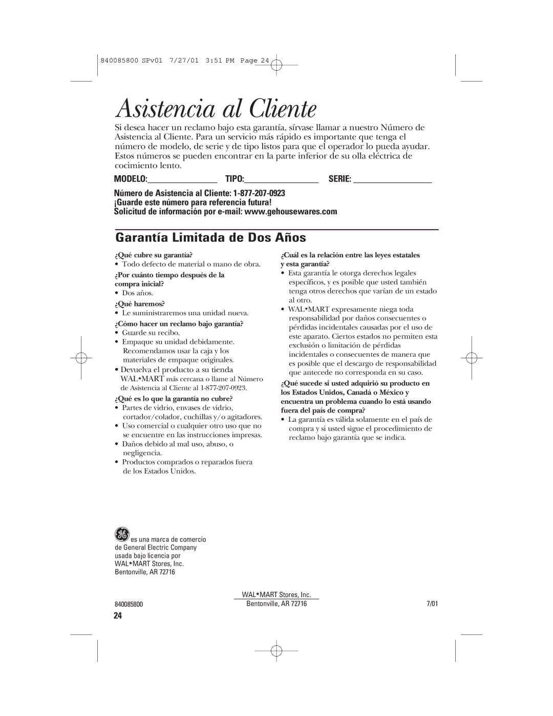 GE 106851, 840085800 manual Asistencia al Cliente, Garantía Limitada de Dos Años 