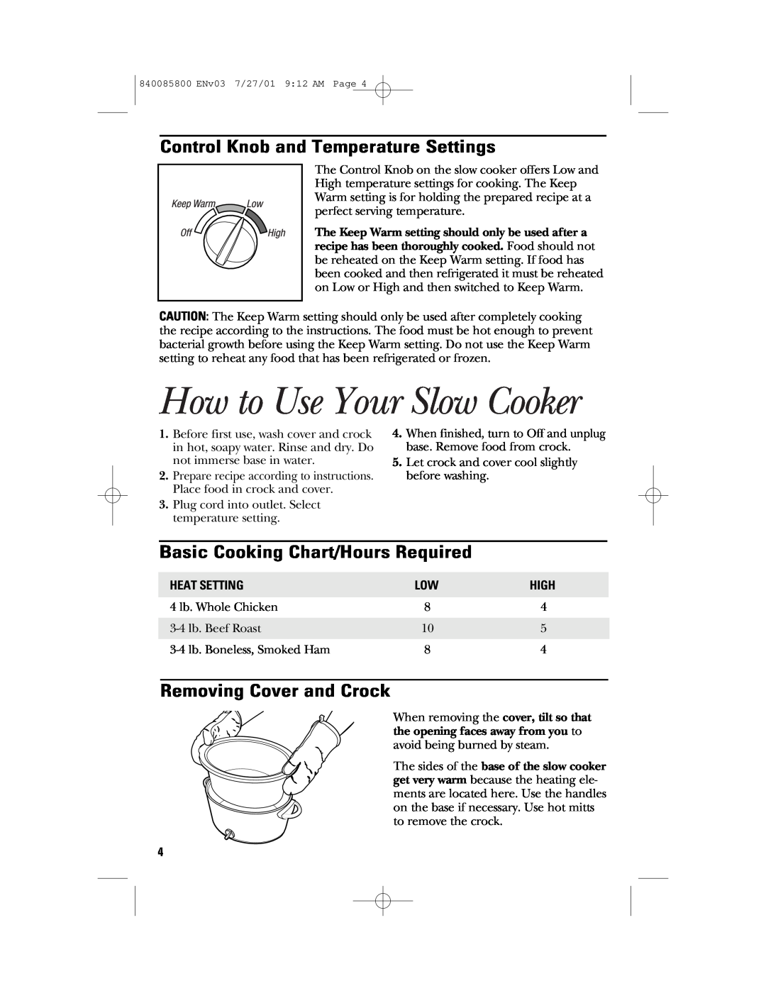 GE 106851 How to Use Your Slow Cooker, Control Knob and Temperature Settings, Basic Cooking Chart/Hours Required, High 