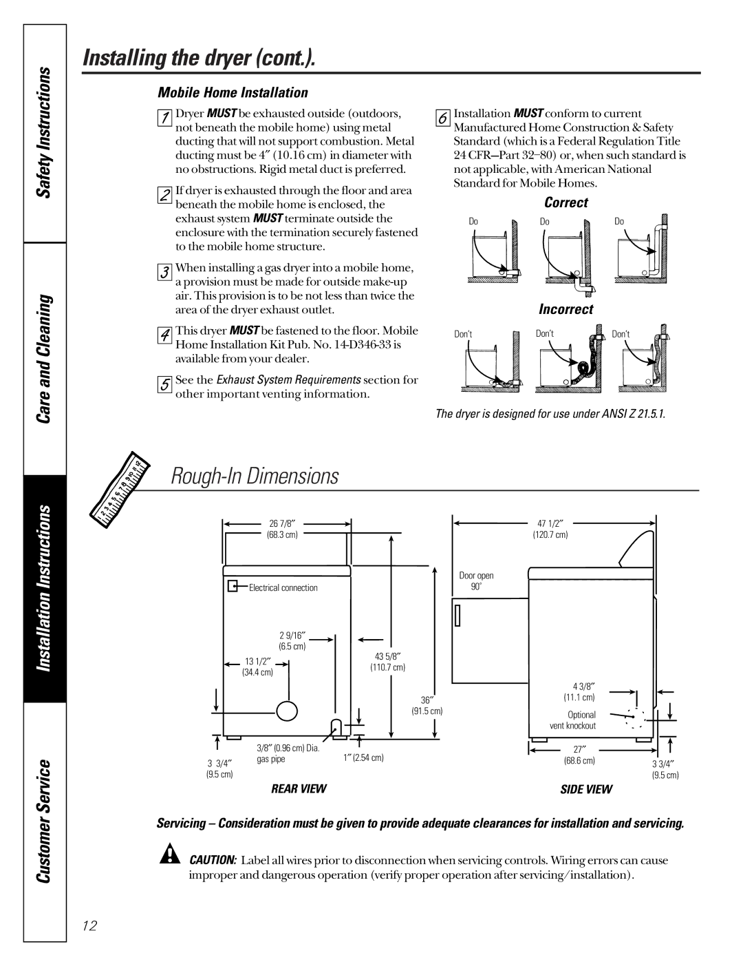 GE 131892900 owner manual Rough-In Dimensions, Service, Mobile Home Installation, Rear View, Side View 