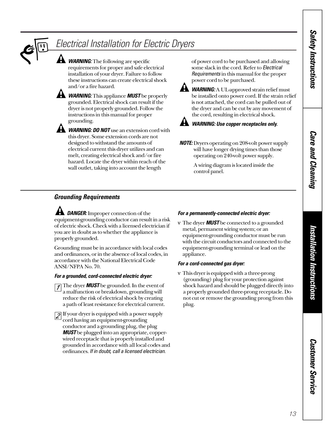 GE 131892900 Electrical Installation for Electric Dryers, Grounding Requirements, For a cord-connected gas dryer 