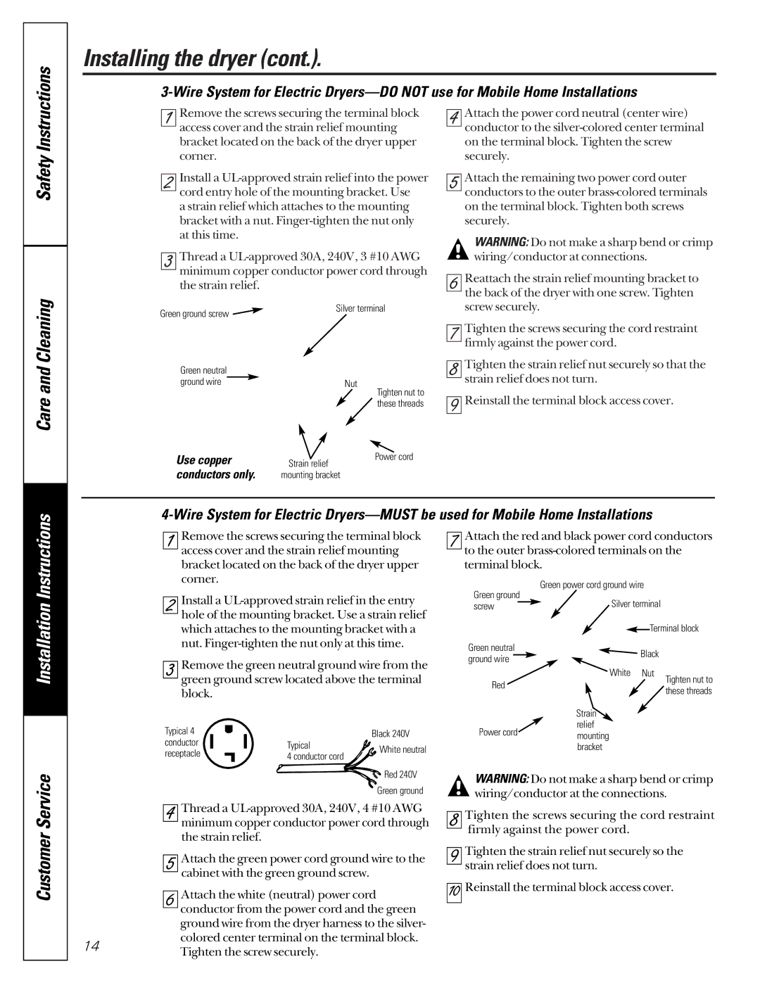 GE 131892900 owner manual Safety Instructions Care and Cleaning, Use copper, Conductors only 