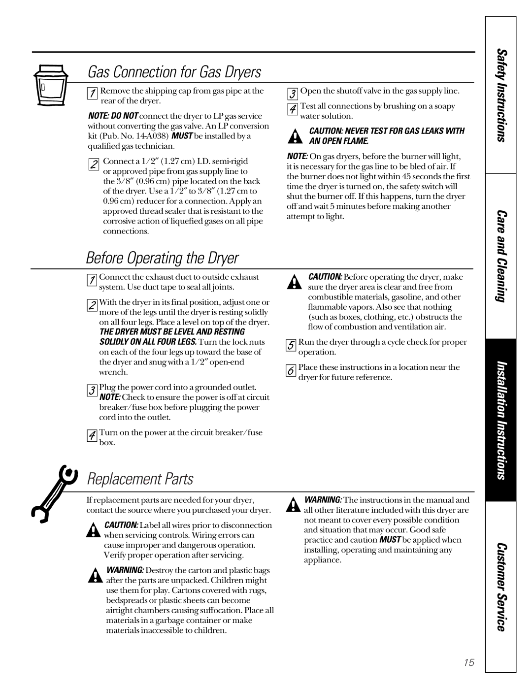 GE 131892900 owner manual Gas Connection for Gas Dryers, Before Operating the Dryer, Replacement Parts, AN Open Flame 