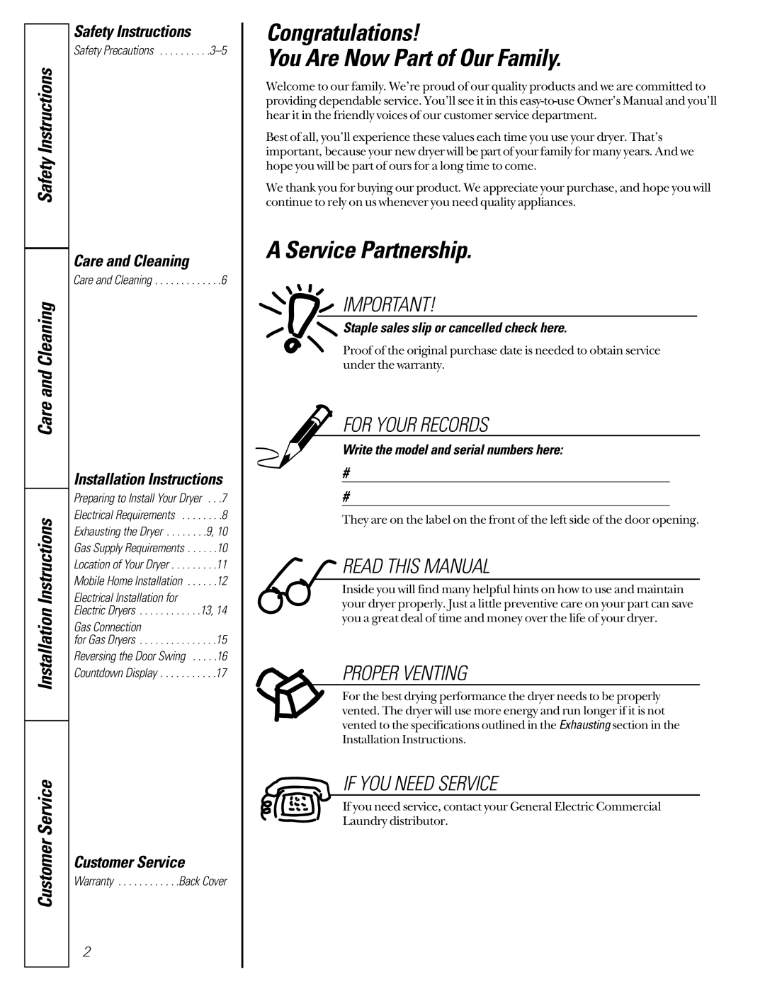 GE 131892900 owner manual Congratulations You Are Now Part of Our Family, Service Partnership, Electrical Installation for 