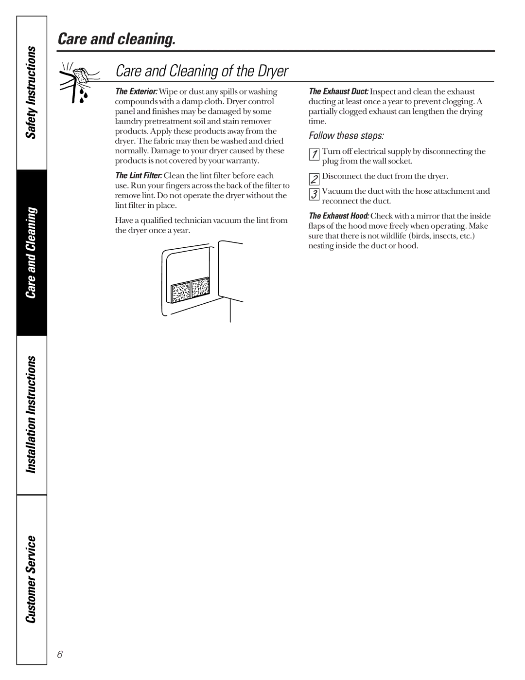 GE 131892900 owner manual Care and cleaning, Care and Cleaning of the Dryer, Instructions, Safety 