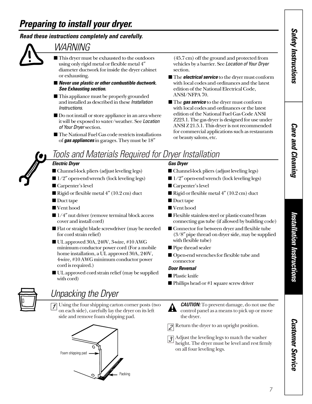 GE 131892900 Preparing to install your dryer, Tools and Materials Required for Dryer Installation, Unpacking the Dryer 