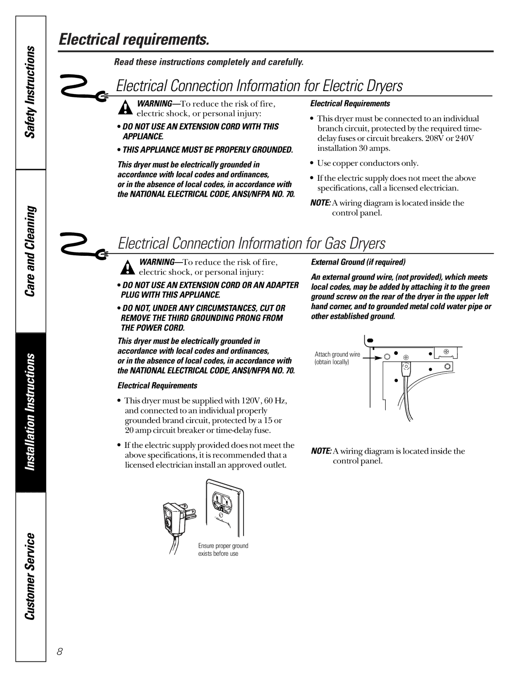 GE 131892900 owner manual Electrical requirements, Electrical Connection Information for Gas Dryers, Safety Cleaning 