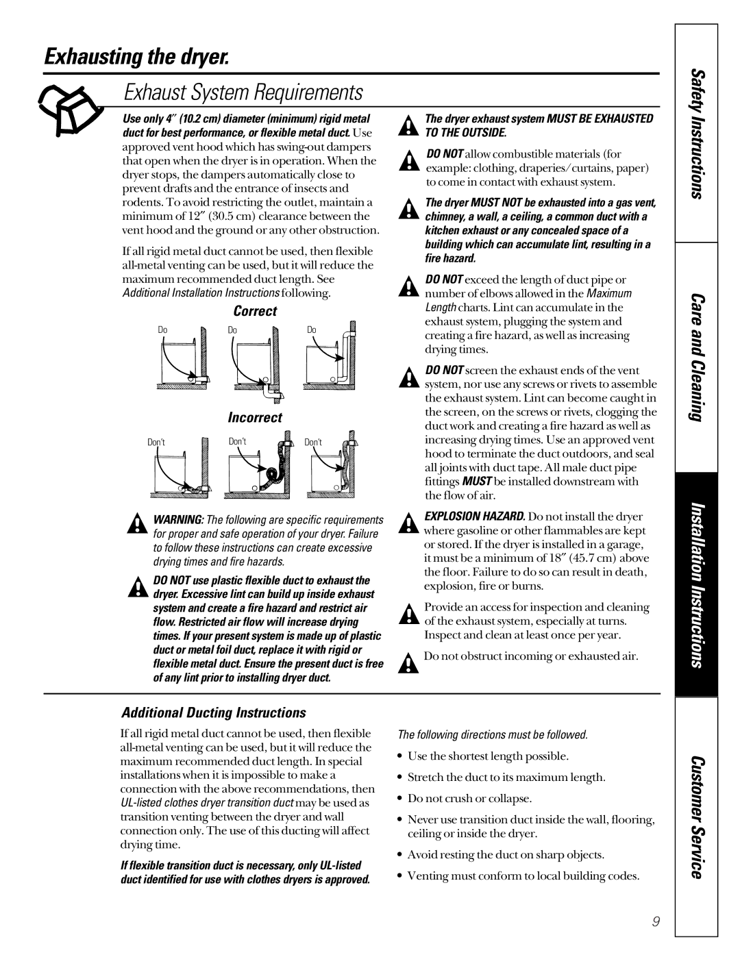 GE 131892900 Exhausting the dryer, Exhaust System Requirements, Instructions Care and Cleaning, Correct Incorrect 