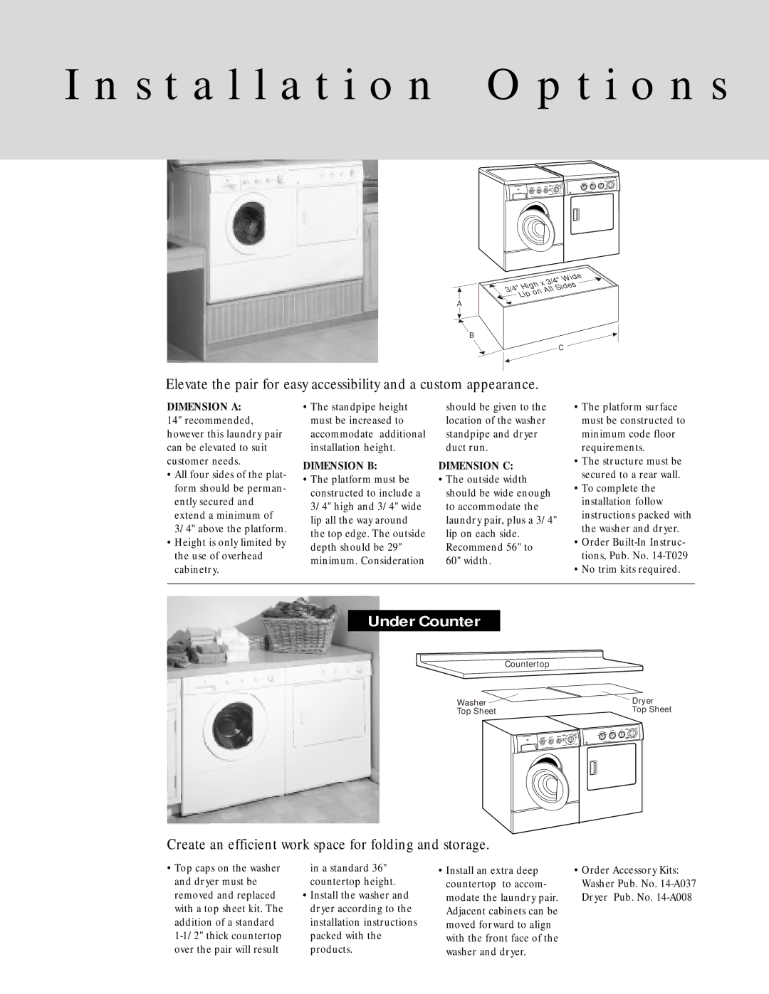 GE 14-A008, 14-A037, 14-T029 manual Installation O p t i o n s, Built-In, Under Counter 