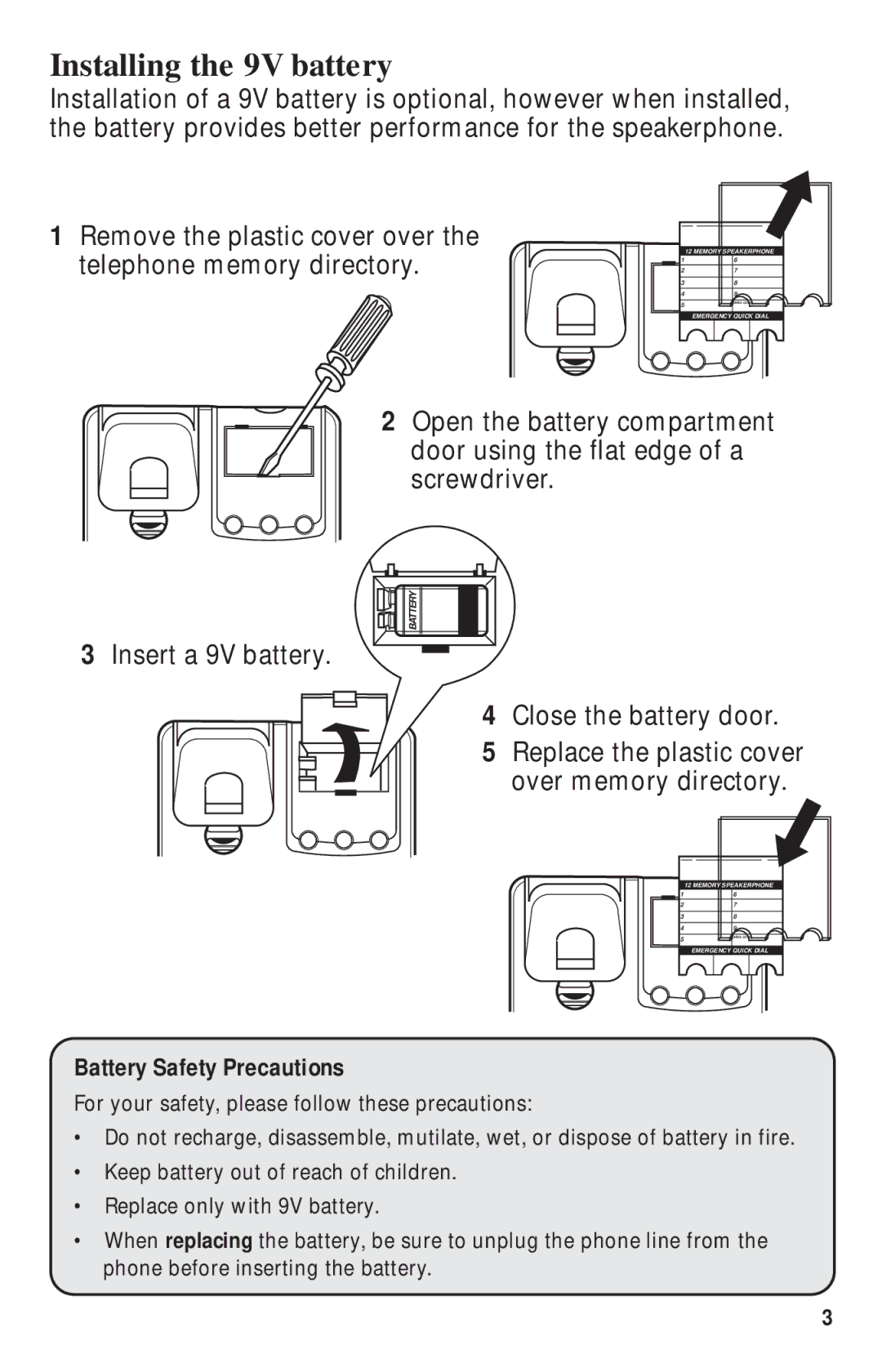 GE 15-Feb manual Installing the 9V battery 