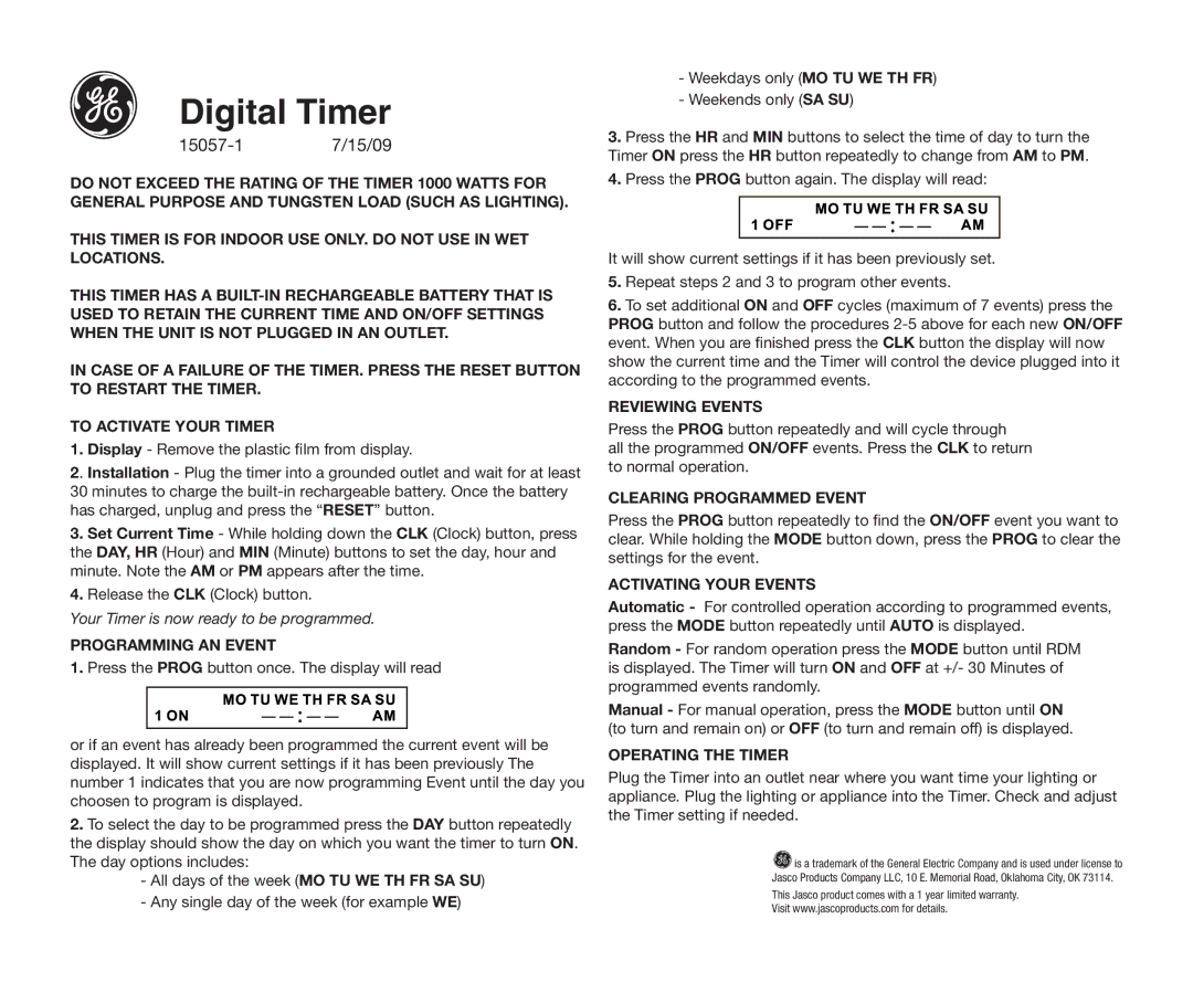 GE 15057-1 warranty Digital Timer 