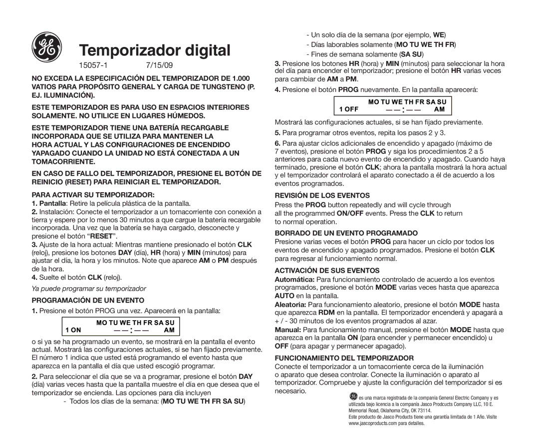 GE 15057-1 warranty Temporizador digital 