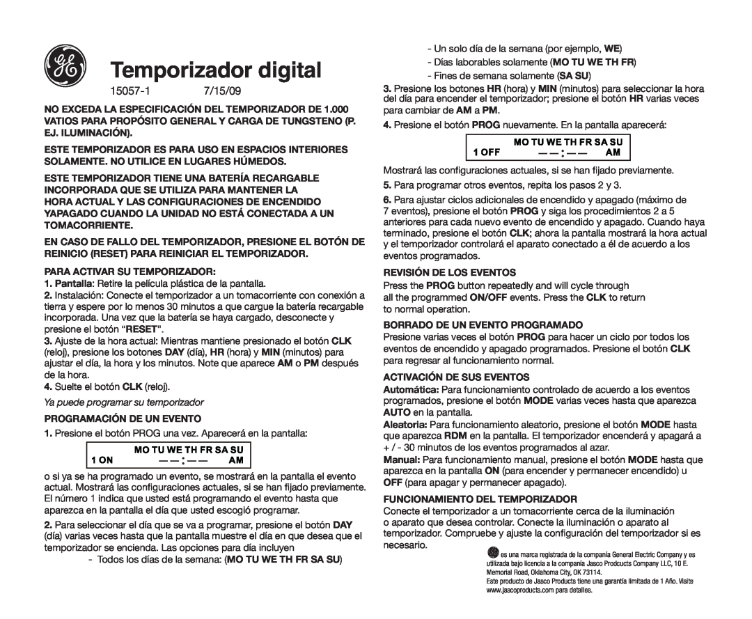 GE warranty Temporizador digital, Ya puede programar su temporizador, 15057-1 7/15/09 