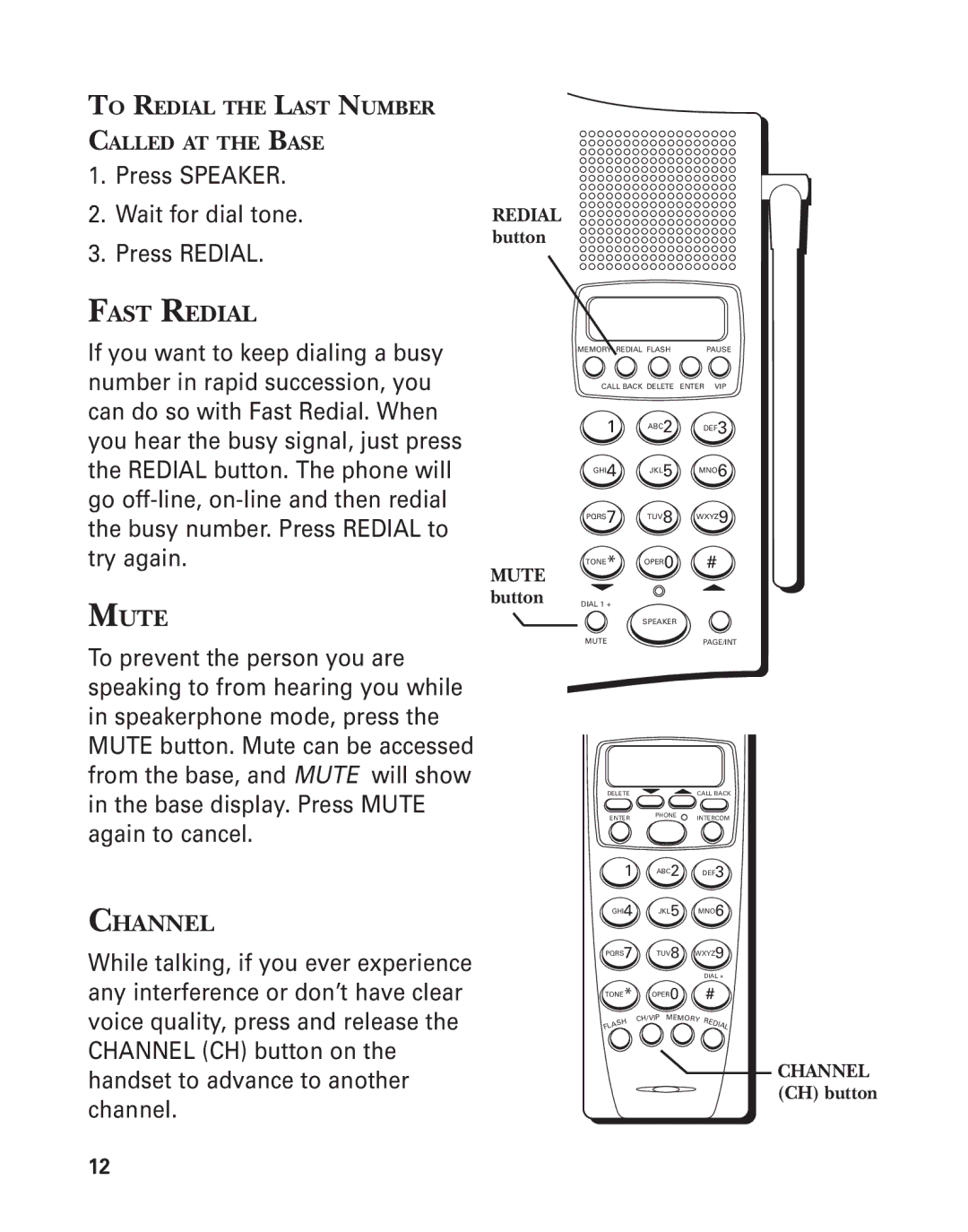 GE 15362520 manual Fast Redial, Mute, Channel 