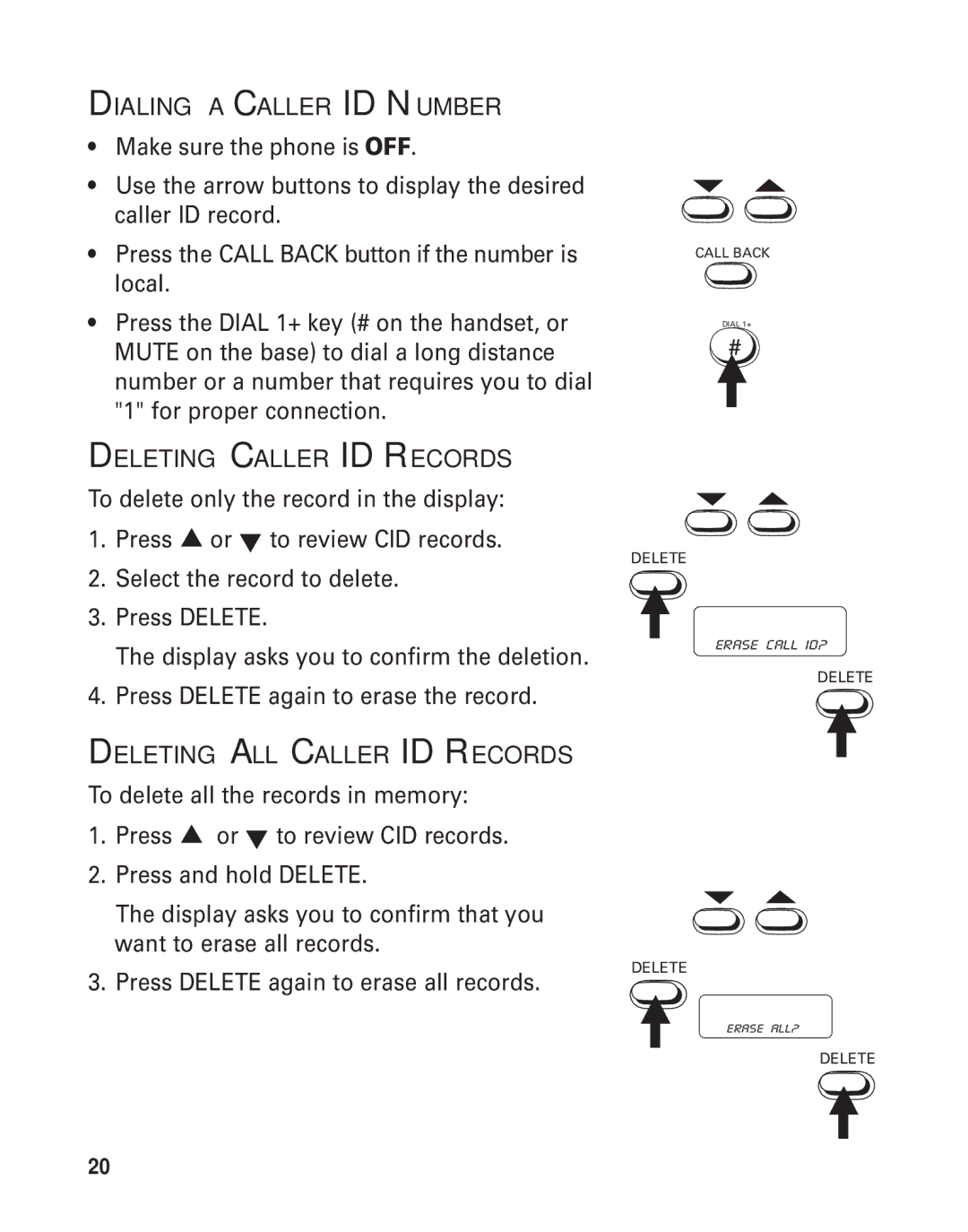 GE 15362520 manual Dialing a Caller ID Number, Deleting Caller ID Records, Deleting ALL Caller ID Records 