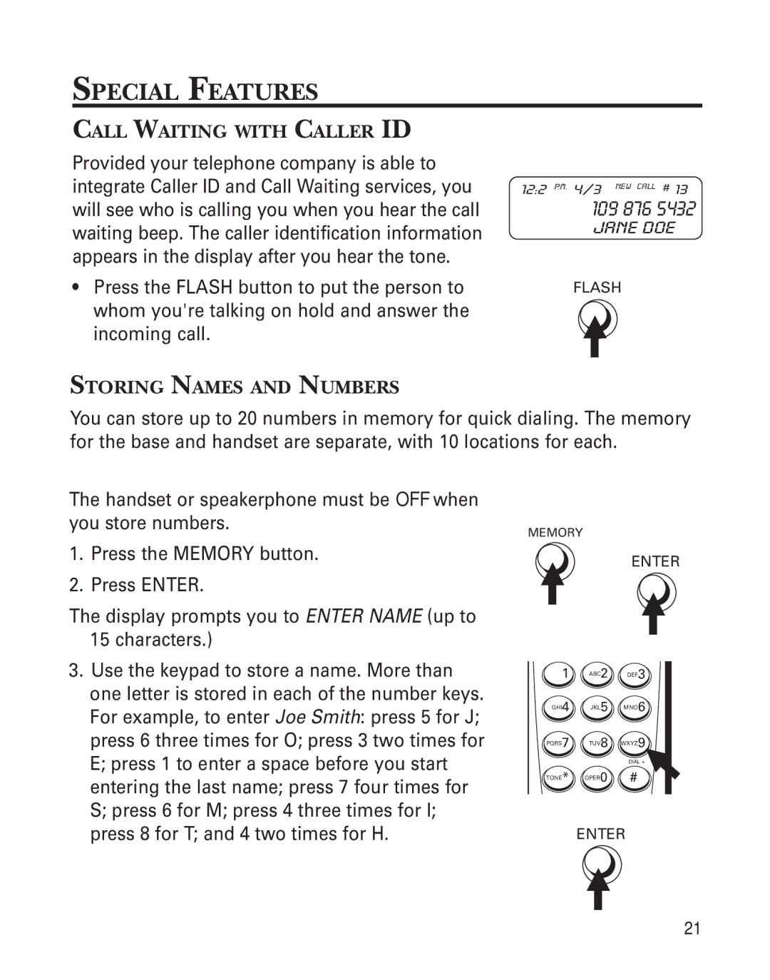 GE 15362520 manual Special Features, Call Waiting with Caller ID, Storing Names and Numbers 