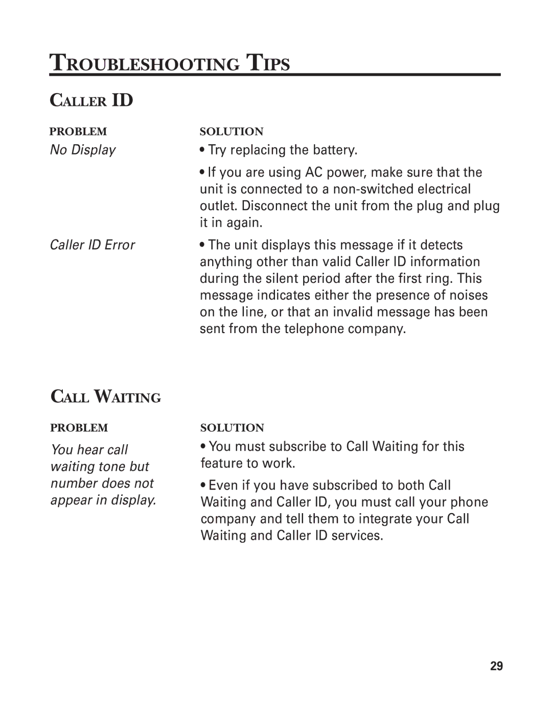 GE 15362520 manual Troubleshooting Tips, Caller ID, Call Waiting 