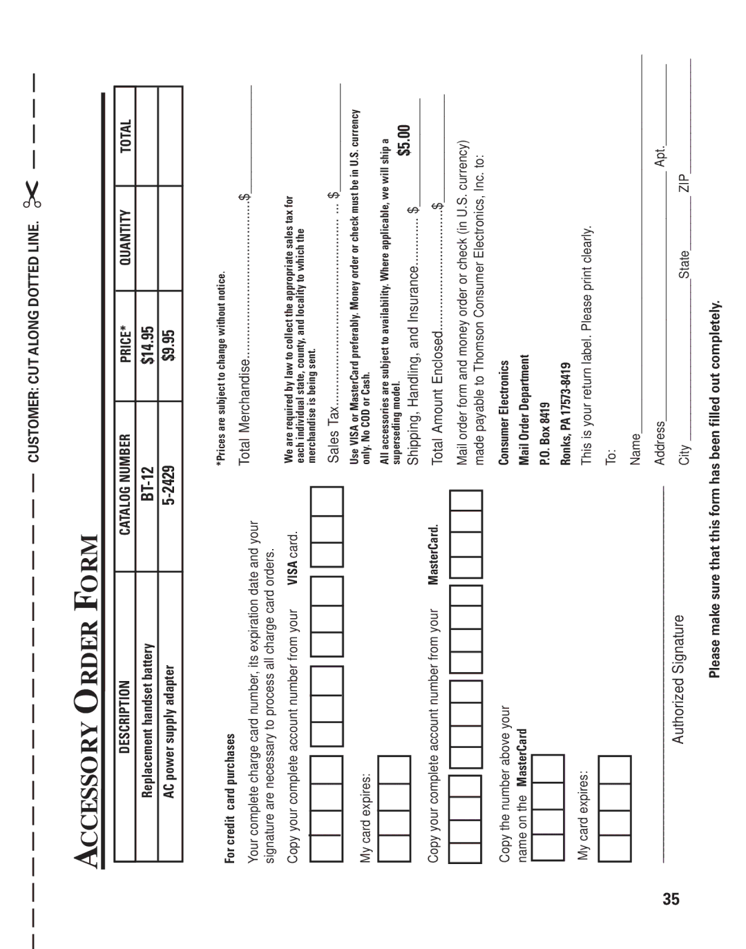 GE 15362520 manual Accessory Order Form, $9.95 