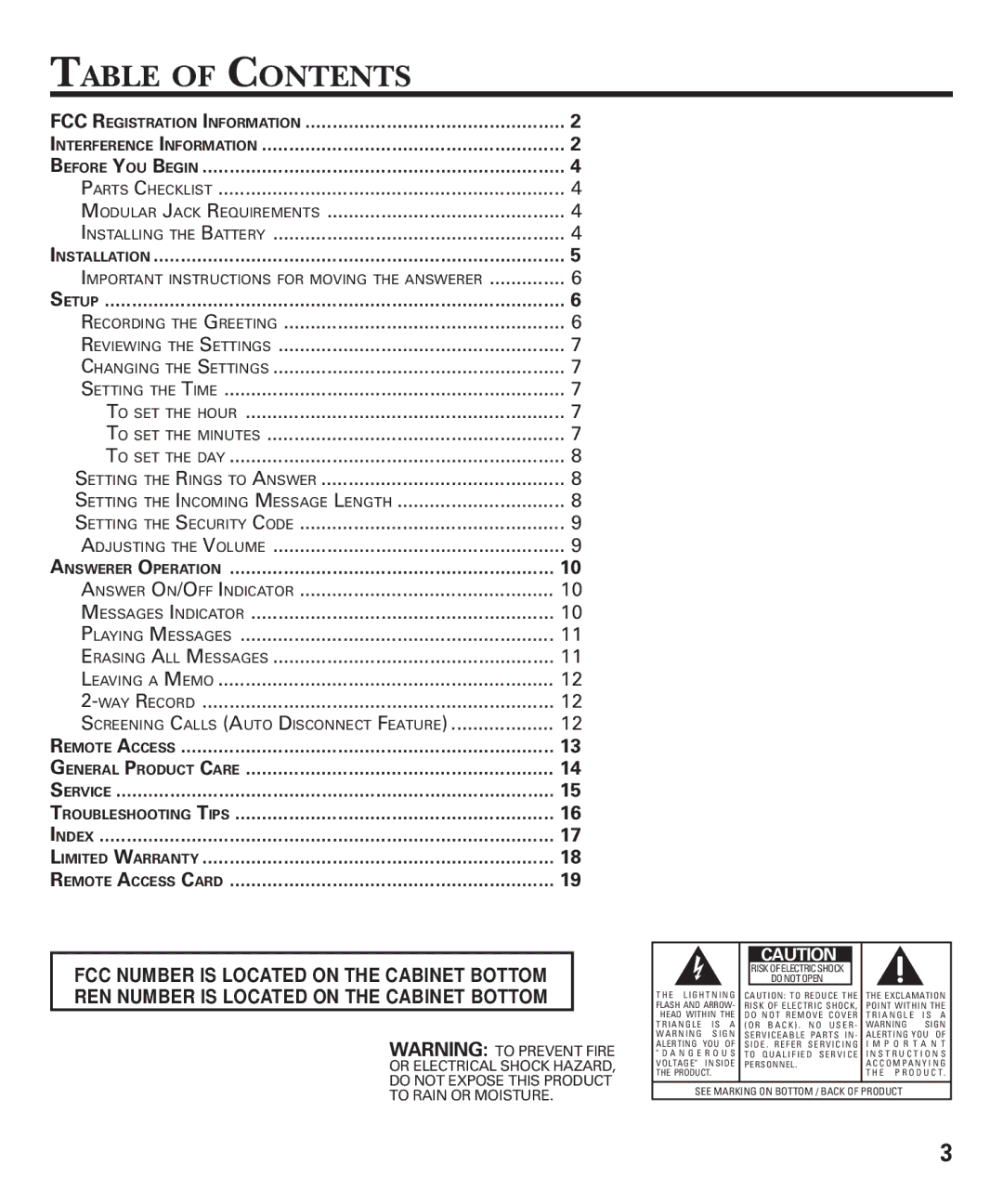 GE 15380380 manual Table of Contents 