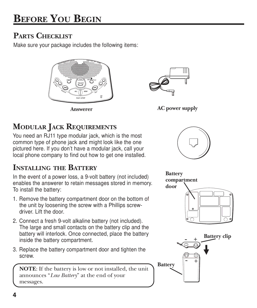 GE 15380380 manual Before YOU Begin, Parts Checklist, Modular Jack Requirements, Installing the Battery 