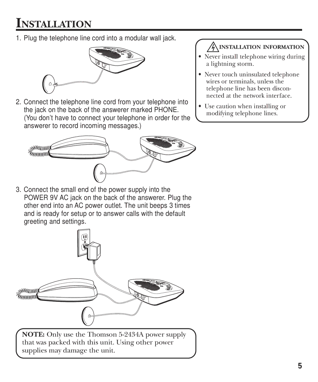 GE 15380380 manual Installation, Plug the telephone line cord into a modular wall jack 