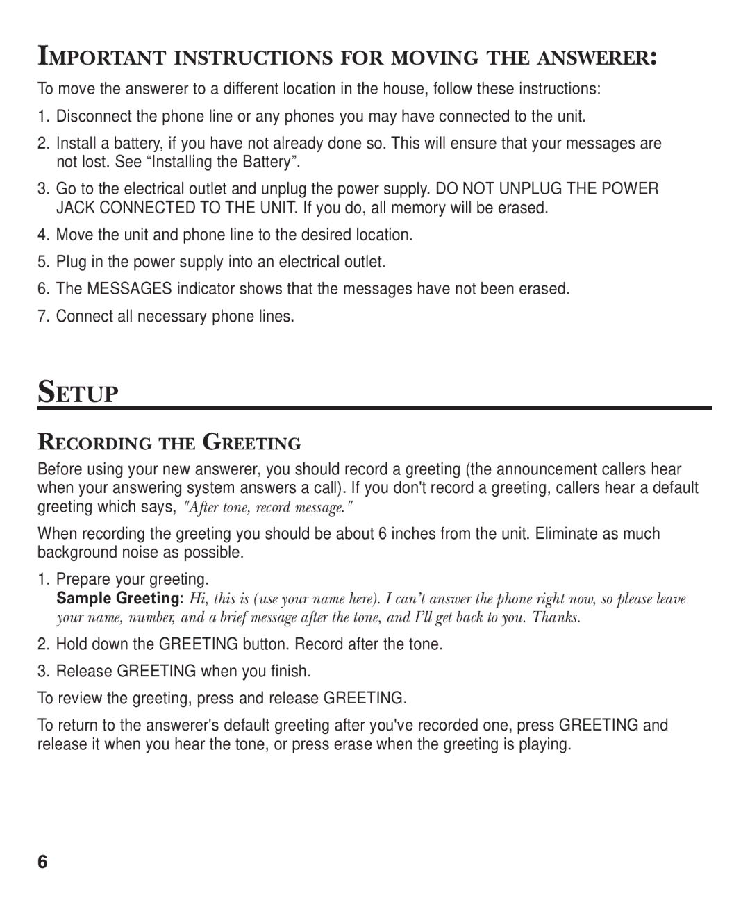 GE 15380380 manual Setup, Recording the Greeting 