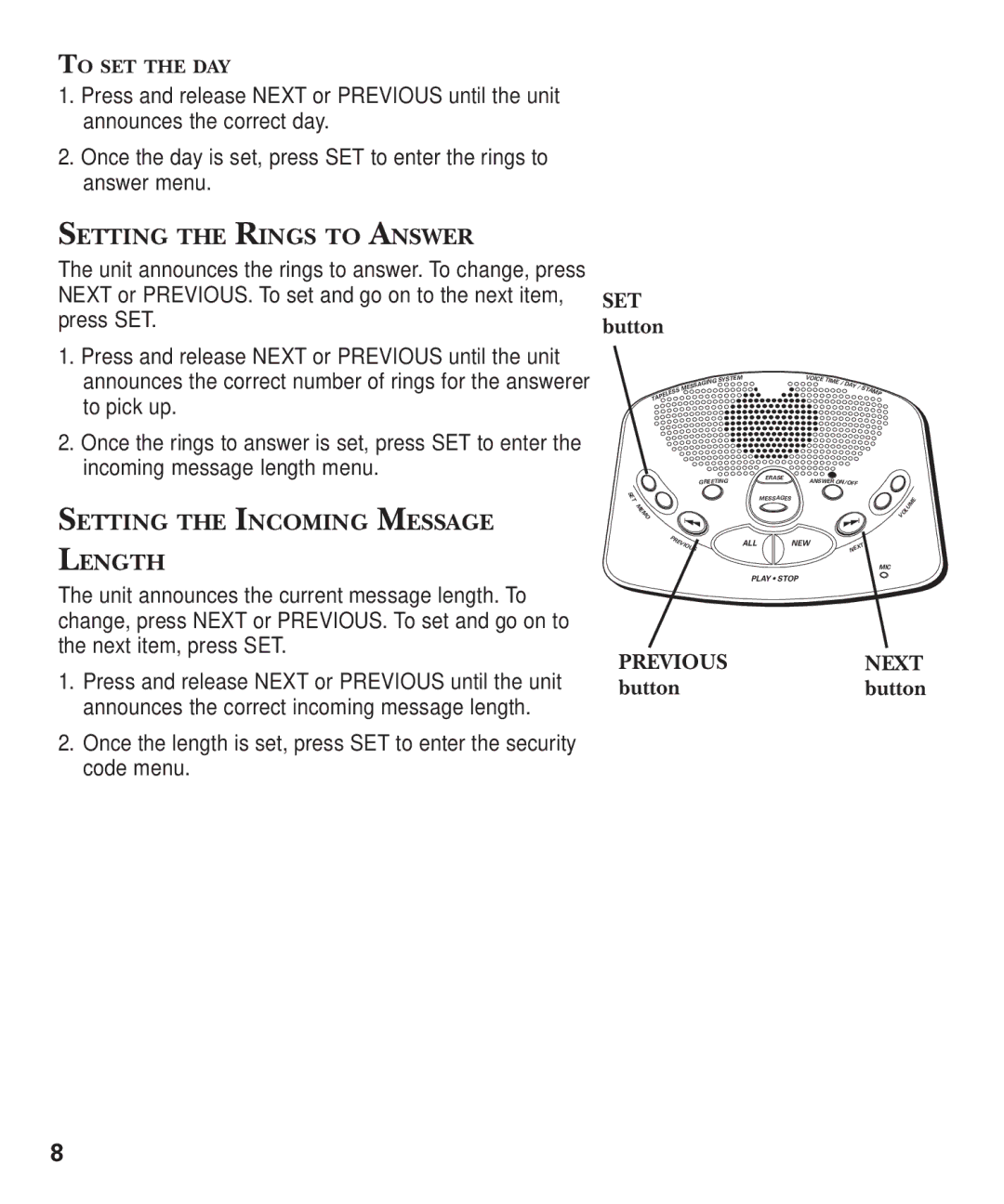 GE 15380380 manual Setting the Rings to Answer, Setting the Incoming Message Length 