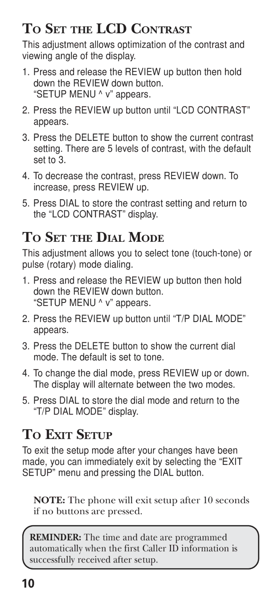 GE 15381860 manual To SET the LCD Contrast, To SET the Dial Mode, To Exit Setup 