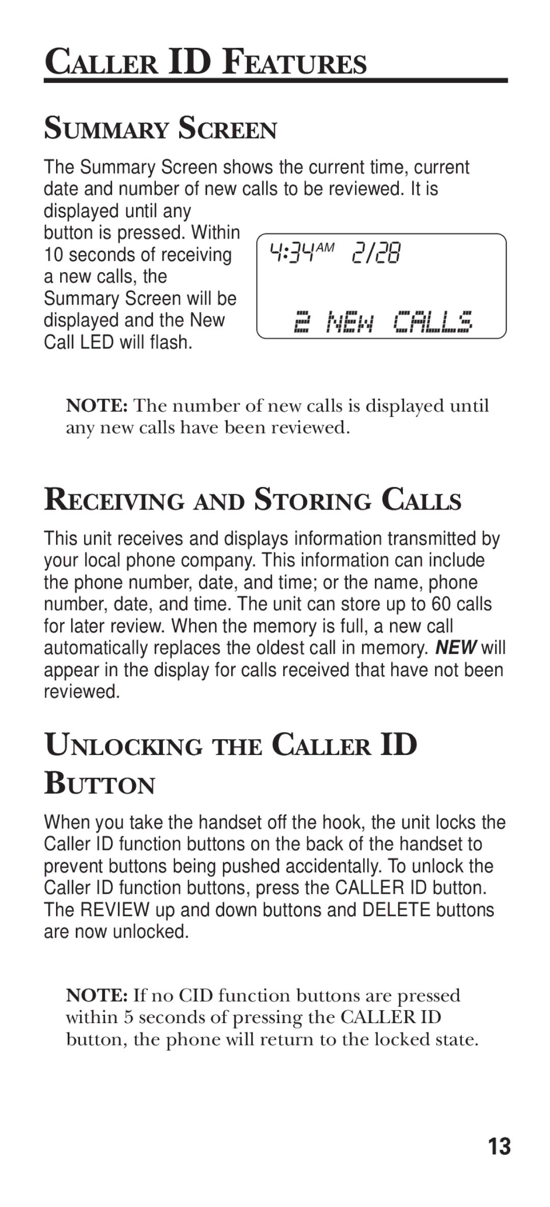 GE 15381860 manual Caller ID Features, Summary Screen, Receiving and Storing Calls, Unlocking the Caller ID Button 