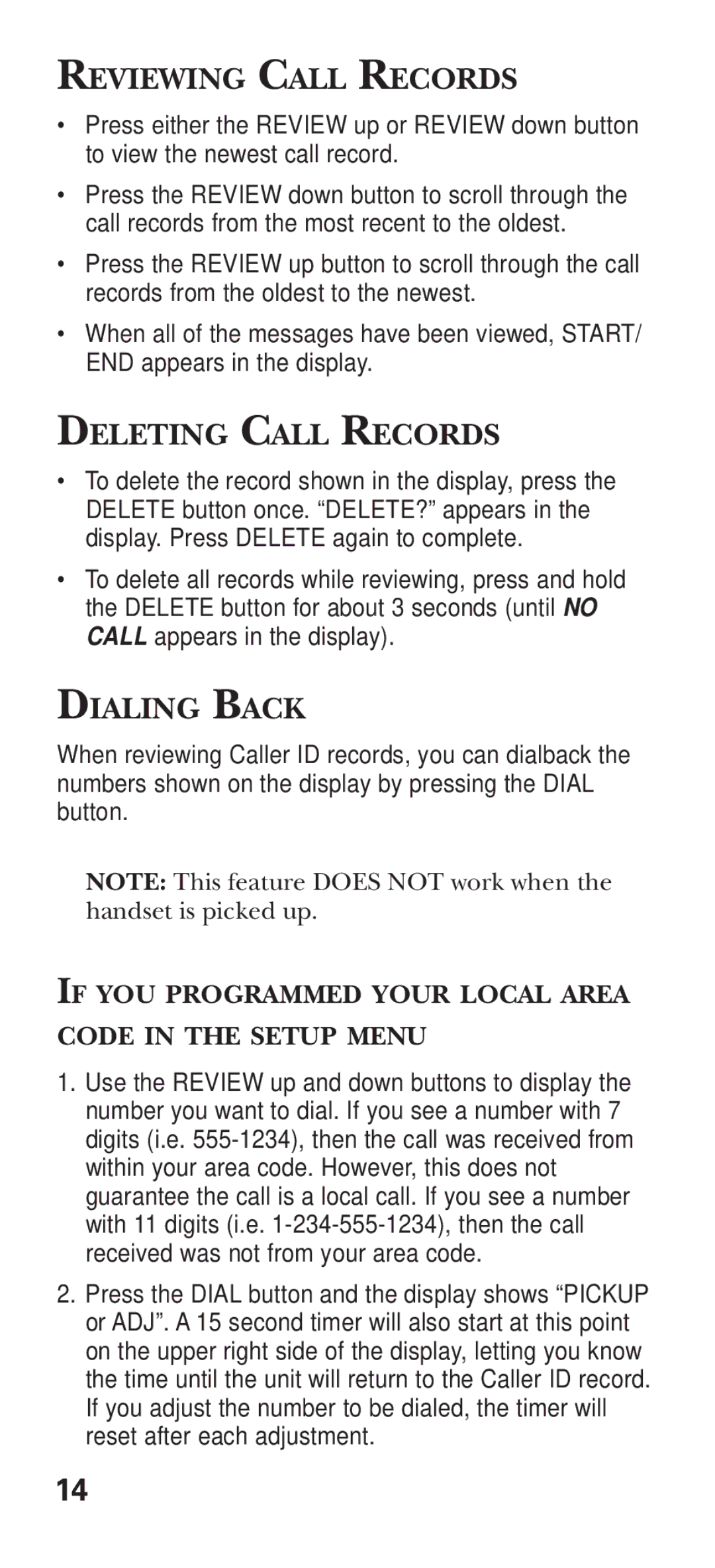 GE 15381860 manual Reviewing Call Records, Deleting Call Records, Dialing Back 